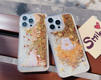 Coque pour iPhone 15 à paillettes 3D, hybride gel liquide aux sables mouvants/Sparkle/Chat/Feuilles dorées tombées/Cœurs/PC/TPU/14 Plus X XR Max : un article offert