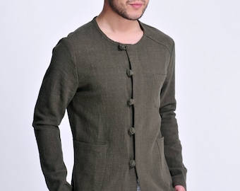 Evergreen / Linen Men's Light Jacket with Chinese Handmade Buttons/ 11 Colors /ANY SIZE/ RAMIES