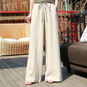 Women's /Elastic Waist/linen Wide Leg Long Pants/Pockets/Drawstring/Straight Trousers/Any Size/ 18 Colors/ RAMIES