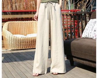 Women's /Elastic Waist/linen Wide Leg Long Pants/Pockets/Drawstring/Straight Trousers/Any Size/ 18 Colors/ RAMIES