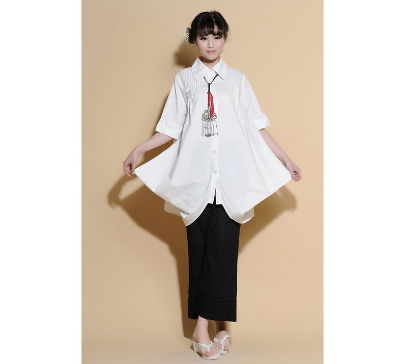 Pleated Linen Long Blouse with 1/2 Sleeves/ 25 Colors/ RAMIES image 3