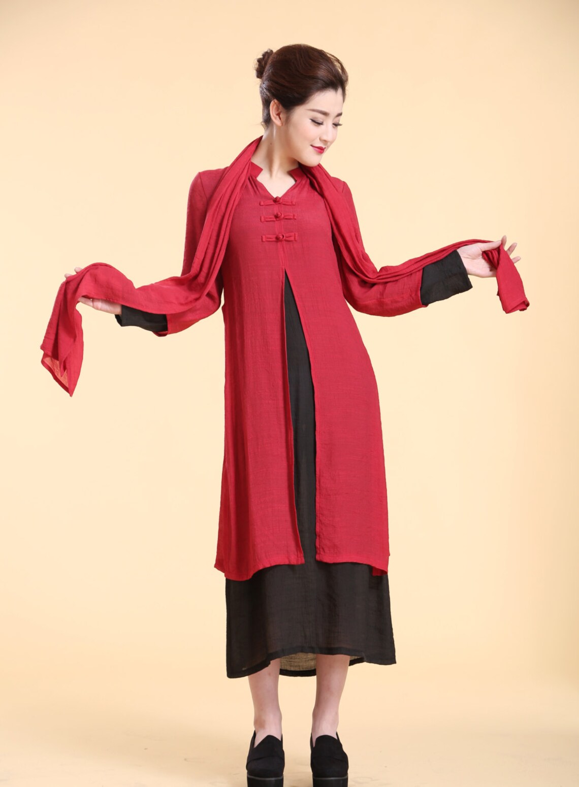 Elegant Silk Two Layered Dress With Scarf/ V Neck Collar Dress Etsy