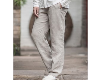 Pantalon en lin droit pour hommes / Taille élastique / 10 couleurs / RAMIES