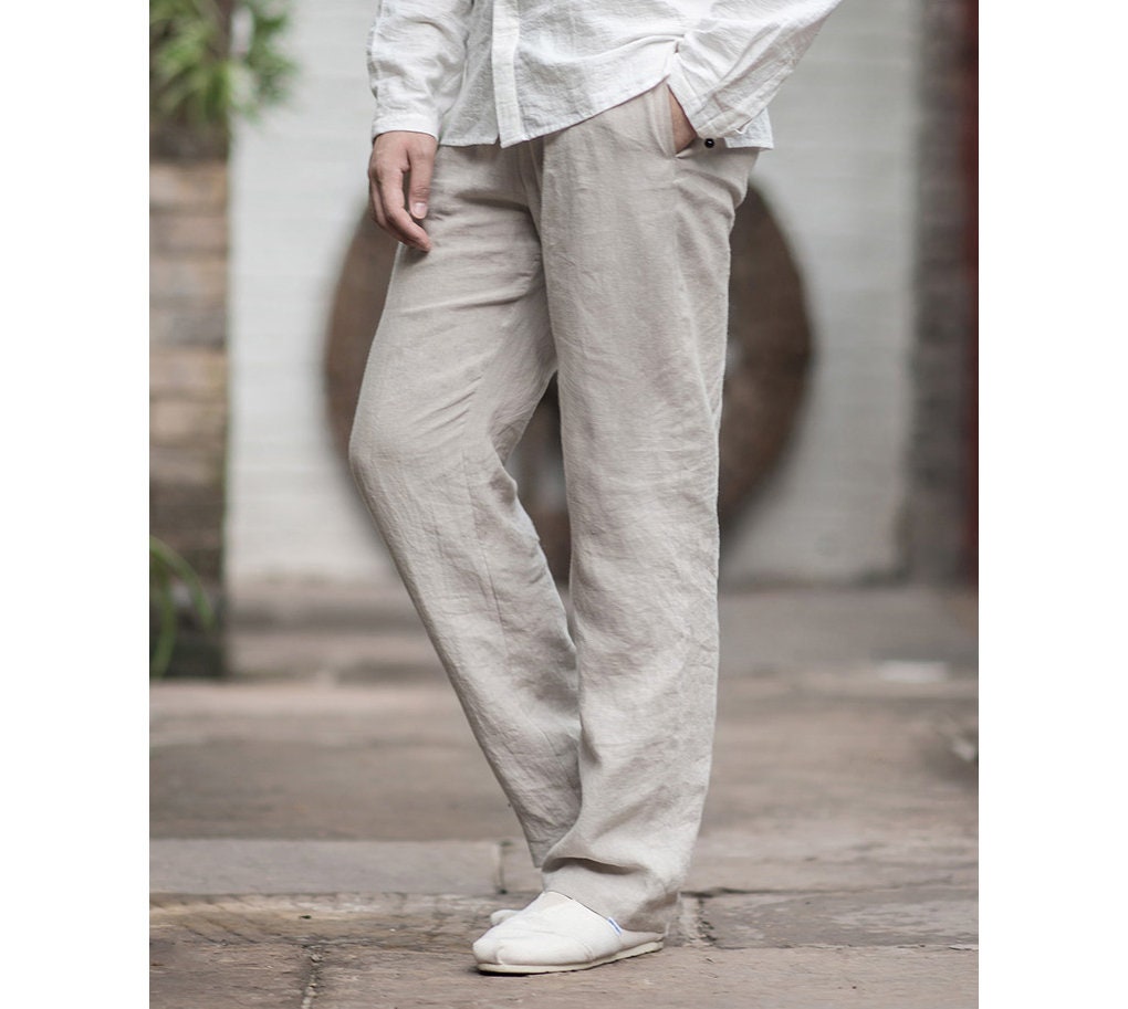 Men's Straight Linen Pants/ Elastic Waist / 10 Colors/ RAMIES - Etsy