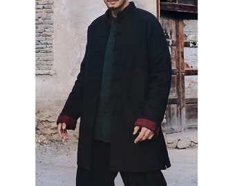 Style ethnique / Lin Manteau long d’hiver pour hommes avec doublure rembourrée en coton / col debout / marine / 14 couleurs / RAMIES