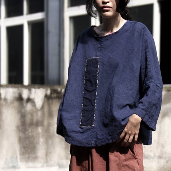 Ethnic Style/Sashiko Stitched Blouse/Hand-embroidered Shirt/A-Line/ Loose Style/Long Sleeves/Navy