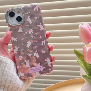 Lovely iPhone 15/14/13/12/MAX case/Cute Bunnies/Rabbits/Flowers/Bows/Shiny Lase White/Pink TPU Cover with Lase Colorful Beads Phone Chain image 6