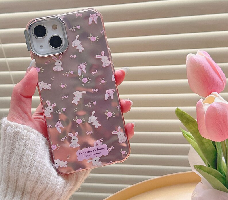 Lovely iPhone 15/14/13/12/MAX case/Cute Bunnies/Rabbits/Flowers/Bows/Shiny Lase White/Pink TPU Cover with Lase Colorful Beads Phone Chain image 6