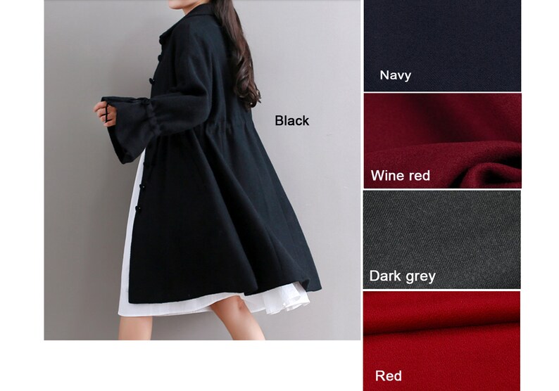 Lovely Babydoll Long Winter CoatWool Cashmere BlendHigh-WaistDoll Collar 5 ColorsBlackDark GreyRedNavyAny Size RAMIES