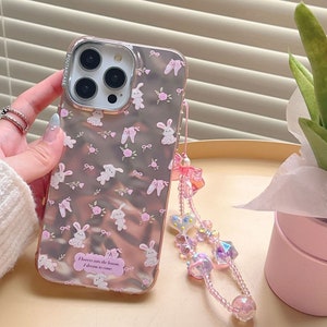 Lovely iPhone 15/14/13/12/MAX case/Cute Bunnies/Rabbits/Flowers/Bows/Shiny Lase White/Pink TPU Cover with Lase Colorful Beads Phone Chain image 1