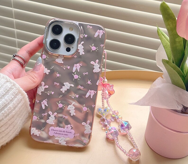 Lovely iPhone 15/14/13/12/MAX case/Cute Bunnies/Rabbits/Flowers/Bows/Shiny Lase White/Pink TPU Cover with Lase Colorful Beads Phone Chain image 1