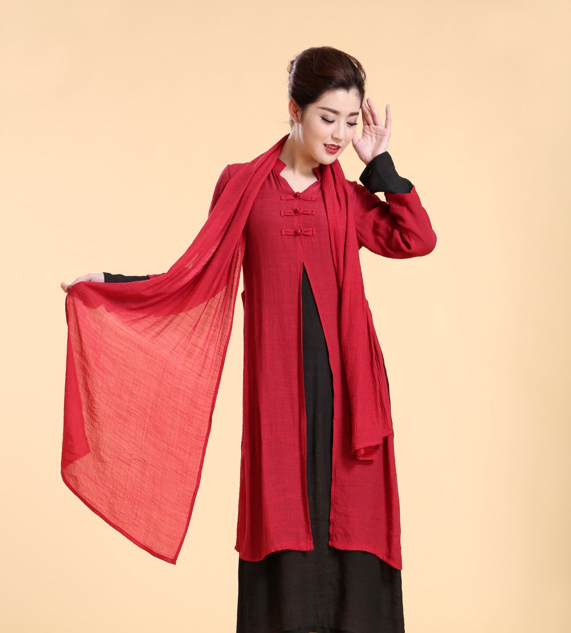 Elegant Silk Two Layered Dress With Scarf/ V Neck Collar Dress Etsy