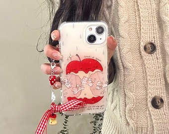 Belle coque imprimée en TPU pour iPhone 15/14/13/12/MAX/chats mignons rouges pommes blanches avec chat/noyau de pomme/chaîne de noeud/coeur/chatons/cadeau pour fille