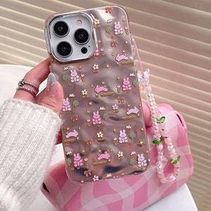 Lovely iPhone 15/14/13/12/MAX case/Cute Bunnies/Rabbits/Flowers/Trees/Shiny Lase White/Pink TPU Cover with Beads Phone Chain image 4