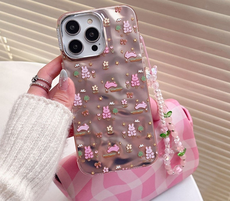 Lovely iPhone 15/14/13/12/MAX case/Cute Bunnies/Rabbits/Flowers/Trees/Shiny Lase White/Pink TPU Cover with Beads Phone Chain image 4