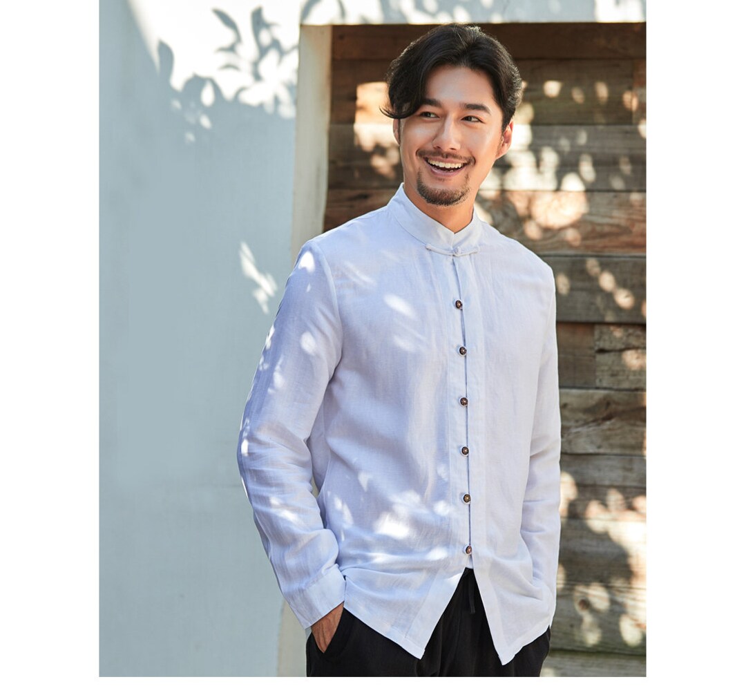 Classic Asian Design/pure Linen Men's Shirt With Handmade Buttons/stand