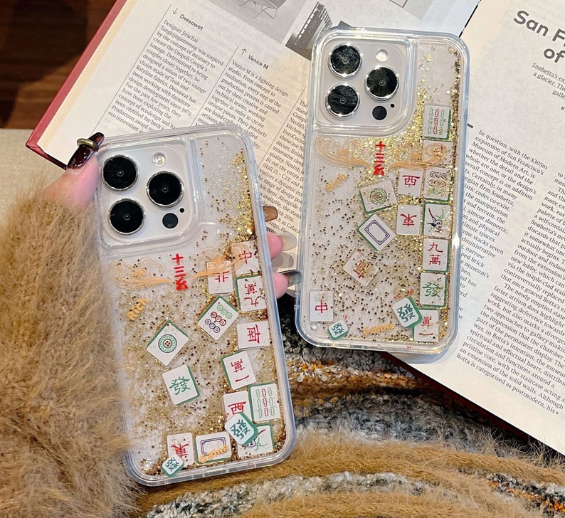 3D iPhone 15/14/11/12 Case/Chinese Mahjong/Golden Quicksand Liquid Gel Hybrid Glitter Sparkle/Gift/Lucky/Buy One Get One Free image 5