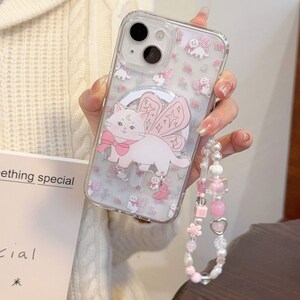 Magsafe/iPhone 15/14/13/12/MAX/Magnetic case/Printed Cats/Flowers/Clear TPU Cover with Collapsible Grip and Heart Stars Pearl Beads Chain imagem 5