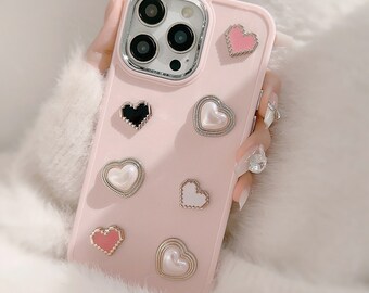 3D HANDMADE/TPU iPhone 13/14 Case for Girls/Pearls/Hearts/Pink/Retro iPhone Skin 12 7 8 Plus X,Xr,Max/Lovely Gift/Buy One Get One Free