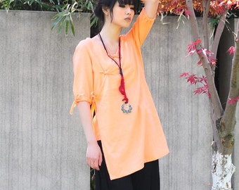 Middle Length Sleeve Long Blouse with Handmade Buttons/ 19 Colors/ RAMIES