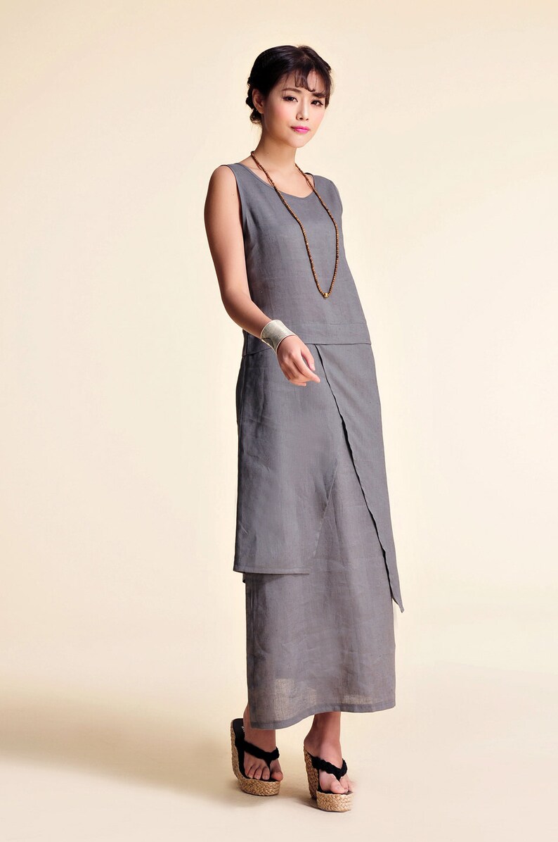 Plum Blossoms/ Asian Style Linen Long Dress With Its Skirt in Two