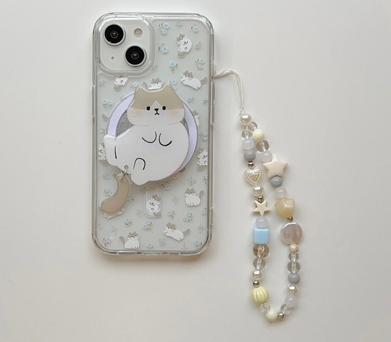 Magsafe/iPhone 15/14/13/12/MAX/Magnetic case/Printed Cats/Flowers/Clear TPU Cover with Collapsible Grip and Heart Stars Pearl Beads Chain imagem 7