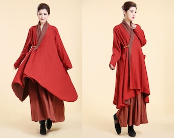 Artistry in a Coat/ Free Style Linen Long Coat with Bamboo Brooch / VERSATILE Lined Cape/ 8  Colors/ RAMIES