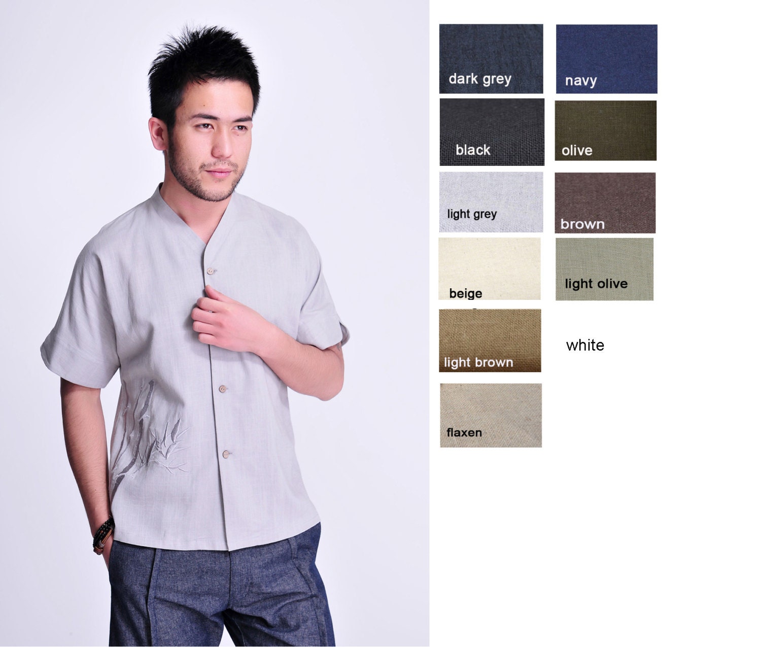 V Neckline Linen Men's Shirt With Chinese Bamboo - Etsy