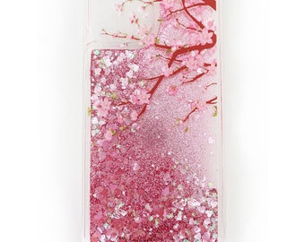 3D Pink sakura Trees/Glitter iPhone 14/15 case/Asian Style Peach Blossom/Quicksand Liquid Gel Hybrid, Glitter Sparkle/ 11/ 13 Plus Max Mini