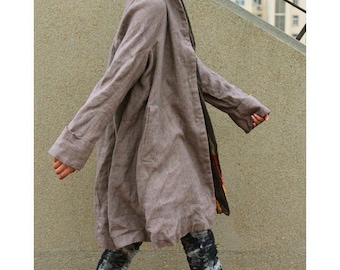 Free Style Pleated Linen Long Coat/ Cape/ Heather  Brown/ 8 Colors/ RAMIES