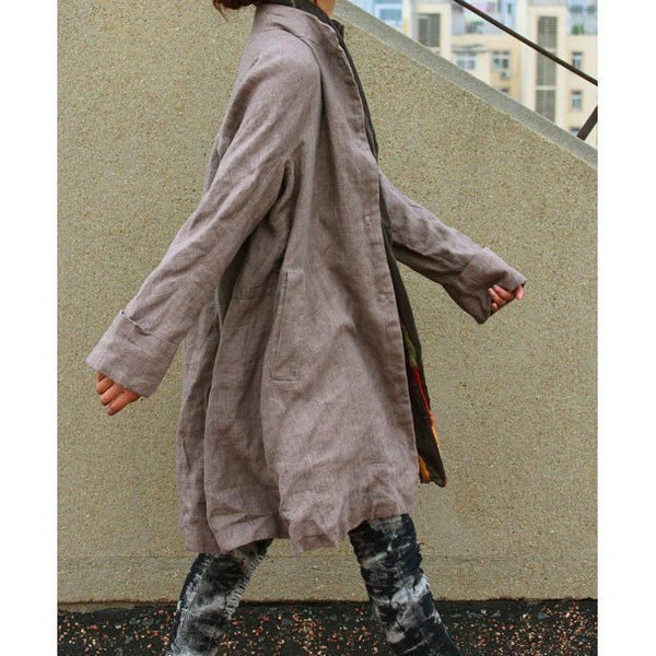 Free Style Pleated Linen Long Coat/ Cape/ Heather  Brown/ 8 Colors/ RAMIES