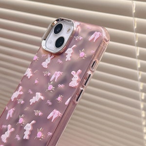 Lovely iPhone 15/14/13/12/MAX case/Cute Bunnies/Rabbits/Flowers/Bows/Shiny Lase White/Pink TPU Cover with Lase Colorful Beads Phone Chain image 8