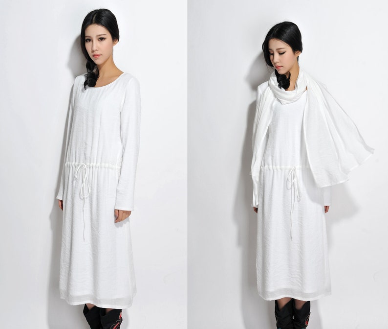 Long Silk Linen Blend Dress with Cotton lining/ Any Size / Long dress with Scarf/ 20 Colors/ RAMIES image 4