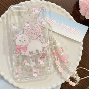 Magsafe/iPhone 15/14/13/12/MAX/Magnetic case/Printed Cats/Flowers/Clear TPU Cover with Collapsible Grip and Heart Stars Pearl Beads Chain imagem 2