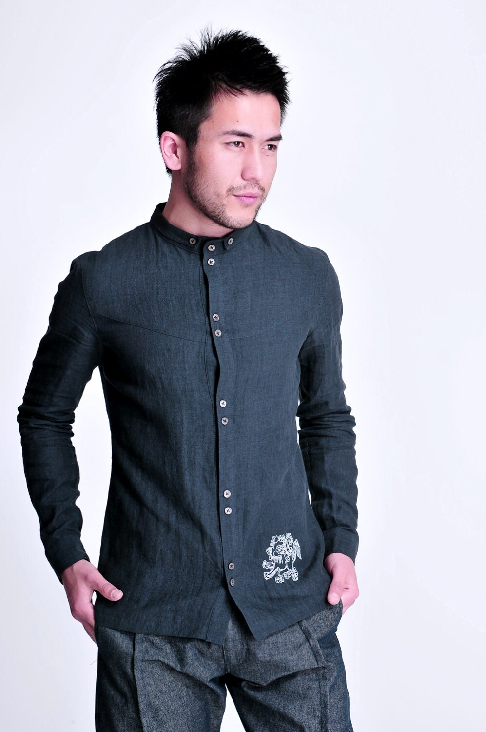 Snowflake Obsidian/ Linen Men's Shirt With Chinese Qi Lin - Etsy