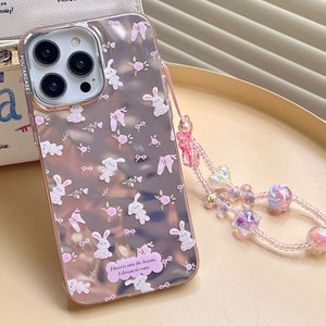 Lovely iPhone 15/14/13/12/MAX case/Cute Bunnies/Rabbits/Flowers/Bows/Shiny Lase White/Pink TPU Cover with Lase Colorful Beads Phone Chain image 3
