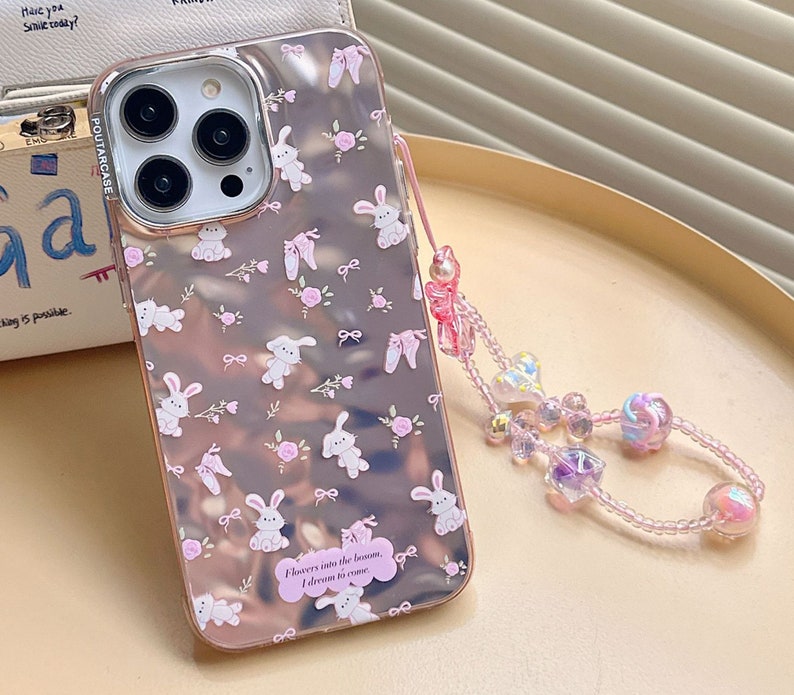 Lovely iPhone 15/14/13/12/MAX case/Cute Bunnies/Rabbits/Flowers/Bows/Shiny Lase White/Pink TPU Cover with Lase Colorful Beads Phone Chain image 3