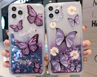 3D Glitter iPhone 15/1413/12 Case/Quicksand Liquid Gel Hybrid/Glitter Sparke/Purple Butterflies/Daisies/PC/Soft TPU/8 Plus XR Max/Samsung 21