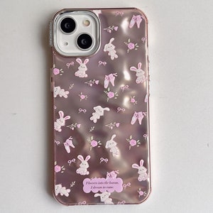 Lovely iPhone 15/14/13/12/MAX case/Cute Bunnies/Rabbits/Flowers/Bows/Shiny Lase White/Pink TPU Cover with Lase Colorful Beads Phone Chain image 4