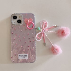 Lovely iPhone 15/14/13/12/MAX case/Flowers/Shiny Lase White/Pink TPU Cover with beads Bow Chain/Beads/Heart/Cute/Gift/ image 4