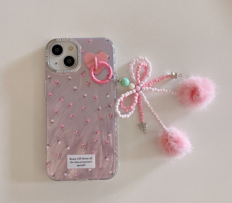 Lovely iPhone 15/14/13/12/MAX case/Flowers/Shiny Lase White/Pink TPU Cover with beads Bow Chain/Beads/Heart/Cute/Gift/ image 4