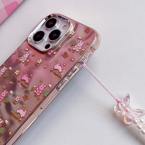 Lovely iPhone 15/14/13/12/MAX case/Cute Bunnies/Rabbits/Flowers/Trees/Shiny Lase White/Pink TPU Cover with Beads Phone Chain image 6
