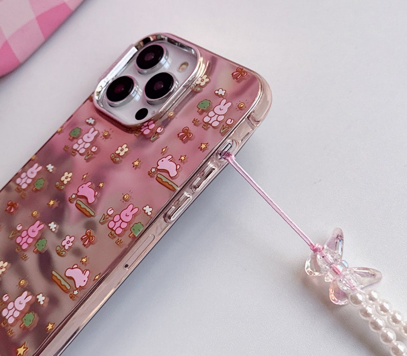 Lovely iPhone 15/14/13/12/MAX case/Cute Bunnies/Rabbits/Flowers/Trees/Shiny Lase White/Pink TPU Cover with Beads Phone Chain image 6