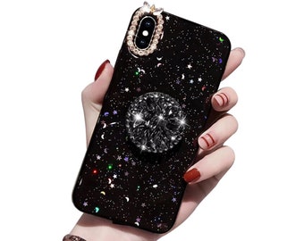 Diamond iPhone 14/13 case Holographic Glitter Flakes Shiny  Moons and stars Resined Soft TPU Cover with Collapsible Grip /6  8 Plus X 12 Max
