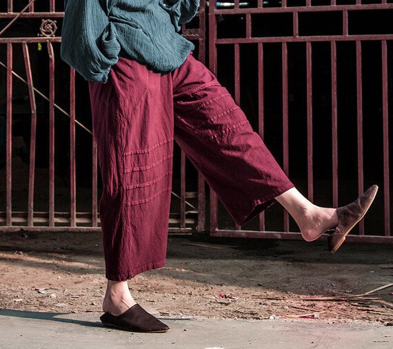 Ethnic Style/ Elastic Waist Linen Pants 