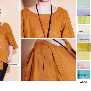 Ethnic Style Asymmetrical Linen Long Blouse with Accordion Folds/ 28 Colors/ RAMIES image 5
