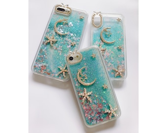 3D Glitter iPhone 14/13/12 Case/Pink/Teal/Moon/starfish/Quicksand Liquid Gel Hybrid/Glitter Sparkle/Czech Crystals Rhinestones/Phone case