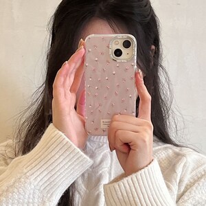 Lovely iPhone 15/14/13/12/MAX case/Flowers/Shiny Lase White/Pink TPU Cover with beads Bow Chain/Beads/Heart/Cute/Gift/ image 8