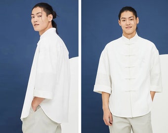 Chemise en lin pur plissé de style chinois avec boutons faits à la main / veste légère pour hommes / femmes / style ample / 17 couleurs