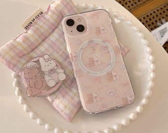 Magsafe/iPhone 15/14/13/12/MAX/Coque magnétique/Lapins/Lapins/Ours imprimés/Coque rigide rose en PC avec poignée pliable/Style rétro